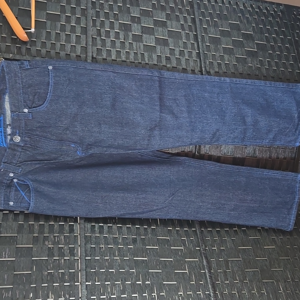 Y2K Blue Gear Baggy Blue Jeans Mens 38x32 Wide Loose Skater Embroidered Hip-Hop